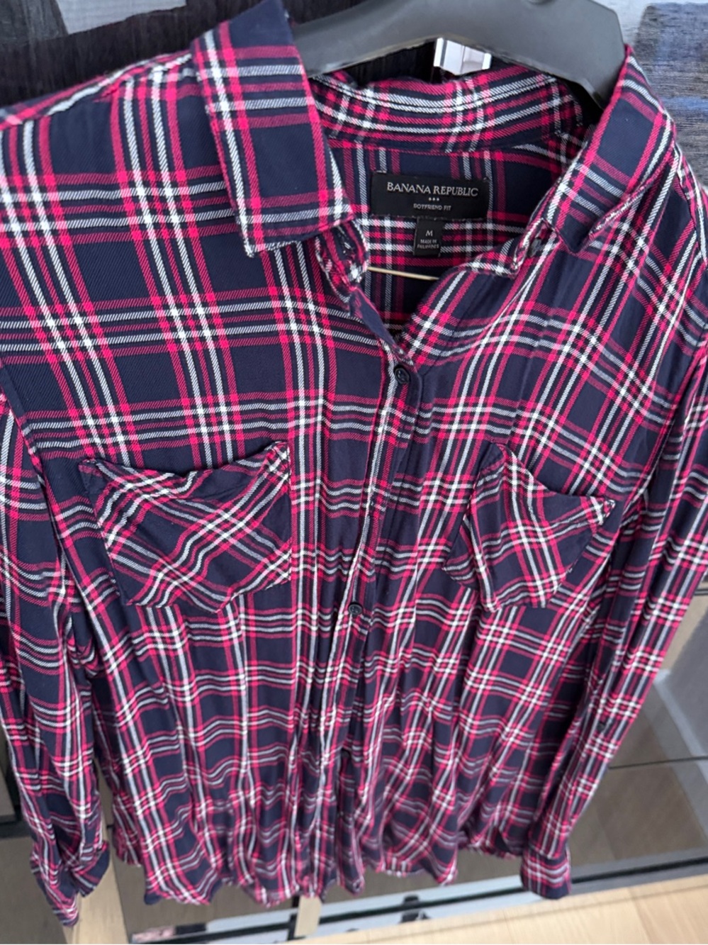 Banana Republic Navy and Pink Plaid Button-Down Shirt